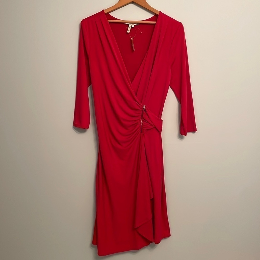 NWT Max and Cleo Red 3/4 Length Sleeve Wrap Style Midi Dress Size L